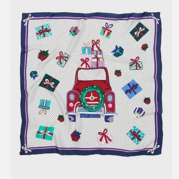 Talbots Christmas Silk Scarf Car Presents Gifts Holiday 36" Square Multi - Picture 2 of 4